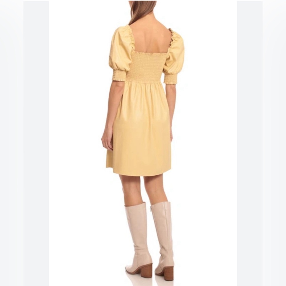 7FAM vegan leather smocked puff sleeve dress light yellow size S